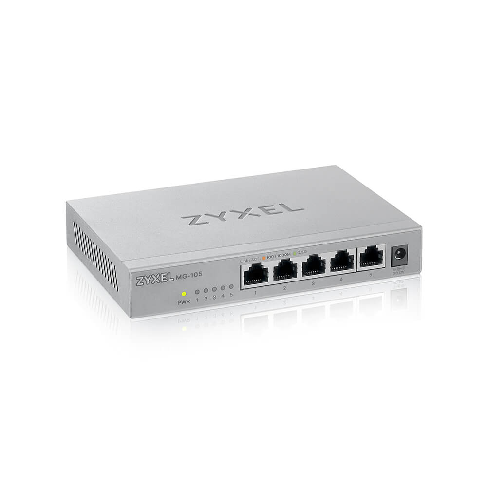 Zyxel XMG-105 Unmanaged 5-Port 2.5G Ethernet Switch, 25 Gbit/s Switching-Kapazität, AC-Netzteil, Grau