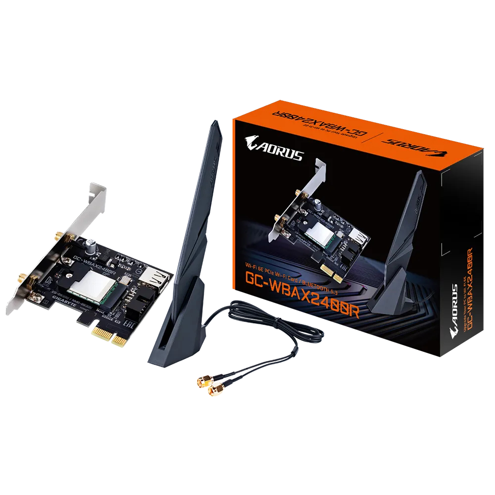 Gigabyte GC-WBAX2400R PCIe WLAN & Bluetooth-Karte für PC, Wi‑Fi 6E (802.11ax) Tri-Band 2,4/5/6 GHz, Bluetooth 5.3, 2400 Mbit/s