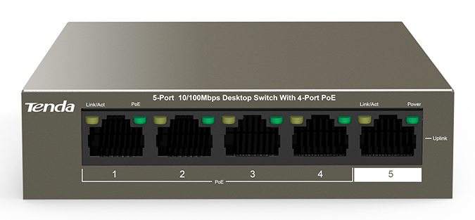 Tenda TEF1105-4-63W Unmanaged Fast Ethernet Switch, 5 Ports (4x PoE 15,4 W), 58 W PoE Gesamtleistung, Desktop-/Wandmontage, Grau