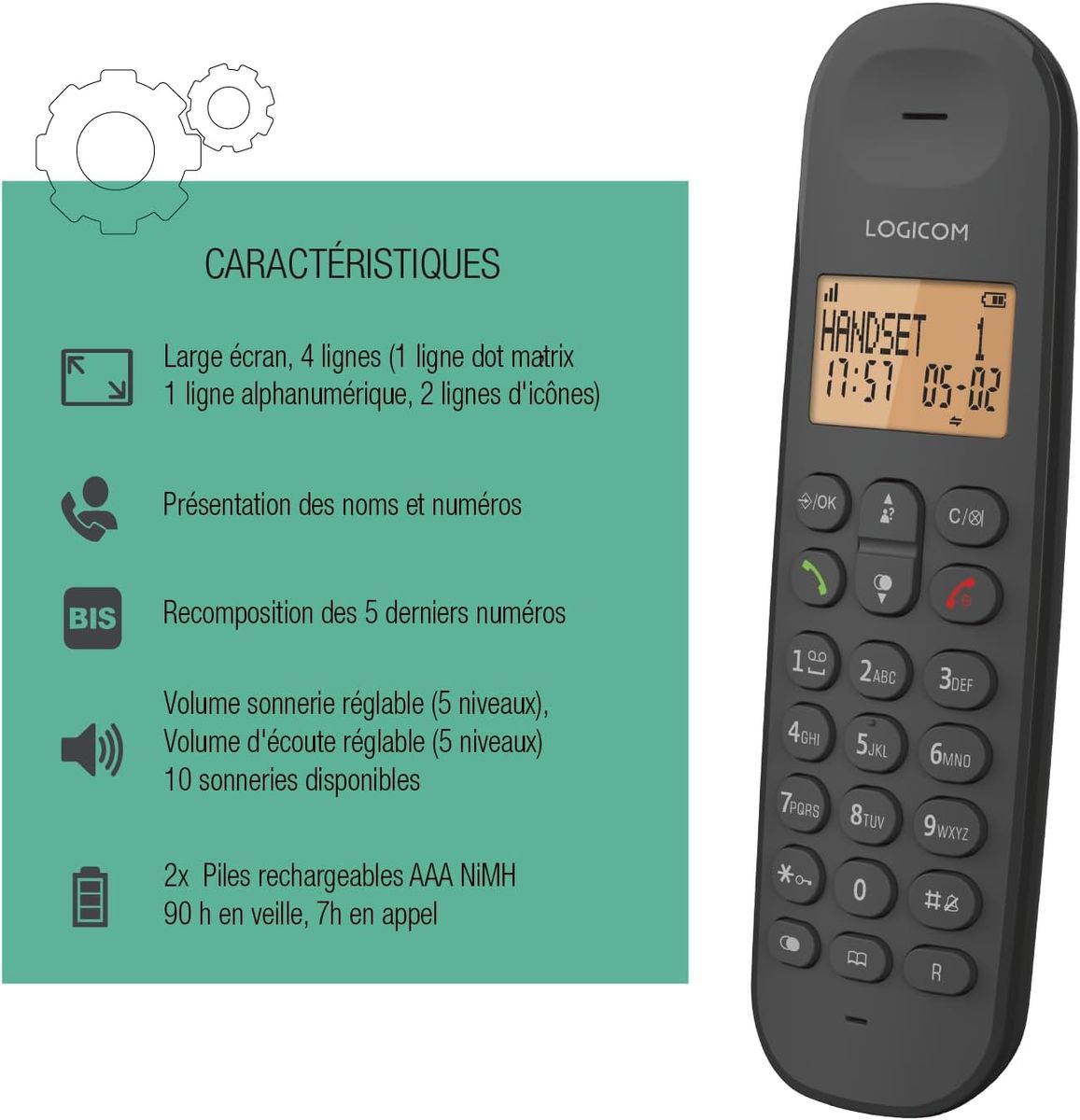 Logicom ILOA 100 Schnurloses Festnetztelefon ohne Anrufbeantworter – Solo – analoge und dect-Telefone – Schwarz