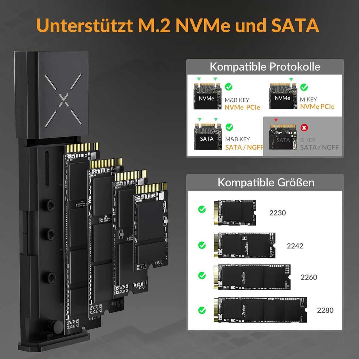iDsonix M.2 [NVMe & SATA] SSD Gehäuse Adapter [Werkzeugfrei][Aluminium], NVMe zu USB 3.2 Gen 2 10Gbps, M.2 zu USB A&C Unterstützt M-Key/B+M Key, mit UASP Trim für 2230/2242/2260/2280 SSD Gris