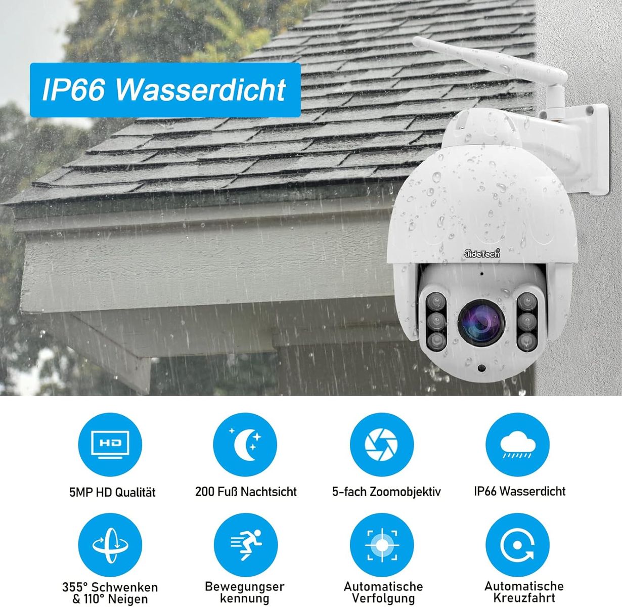 PTZ Security Camera - 5X Optischer Zoom Überwachungskamera Aussen WLAN, mit automatischer Verfolgung, 2-Wege Audio,50-80M Nachtsicht in Farbe, 355°/90° Schwenkbar, 128GB SD-Karten (P3-5X-5MPW Weiß)