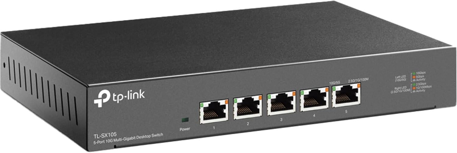 TP-Link Omada TL-SX105 5-Port 10G Desktop-/Rack-Switch, 5x 10G RJ45, lüfterlos, Metallgehäuse, Auto-Negotiation, 100 Gbit/s Switching, EU