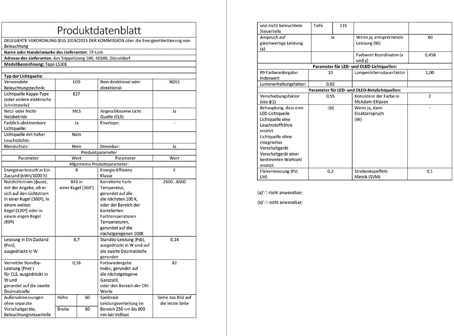 TP-Link Tapo L530E Smart Lighting Intelligentes Leuchtmittel 8,7 W Metallisch, Weiß WLAN
