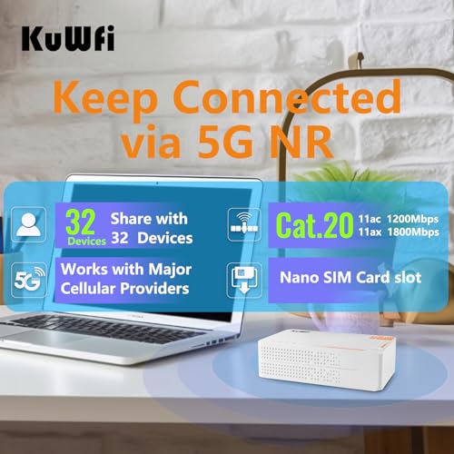 KuWFi C160 5G Mobiler WLAN-Router, AX3600 WiFi 6 Dualband, eSIM & Nano-SIM, 2.5Gbps 5G Modem, 2.5GbE Port, 4000 mAh Akku, bis 32 Geräte, EU Plug