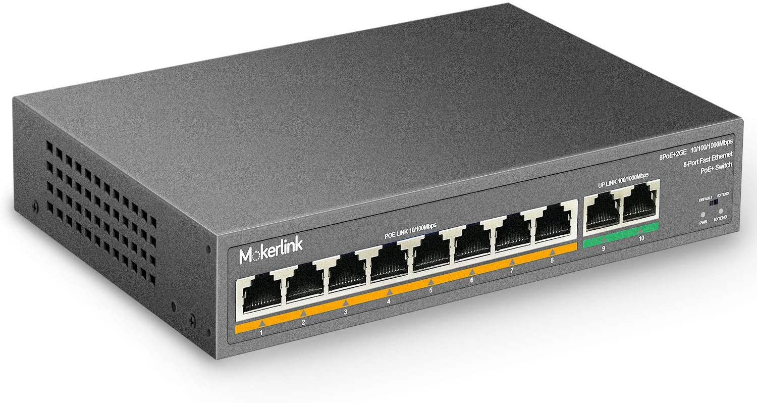 MokerLink 8 Port PoE Switch mit 2 Gigabit Uplink Port, PoE Plus 802.3af/at, 120W eingebauter Leistung, Erweiterung auf 250 Meter, Plug & Play aus Metall 8 PoE + 2 GE
