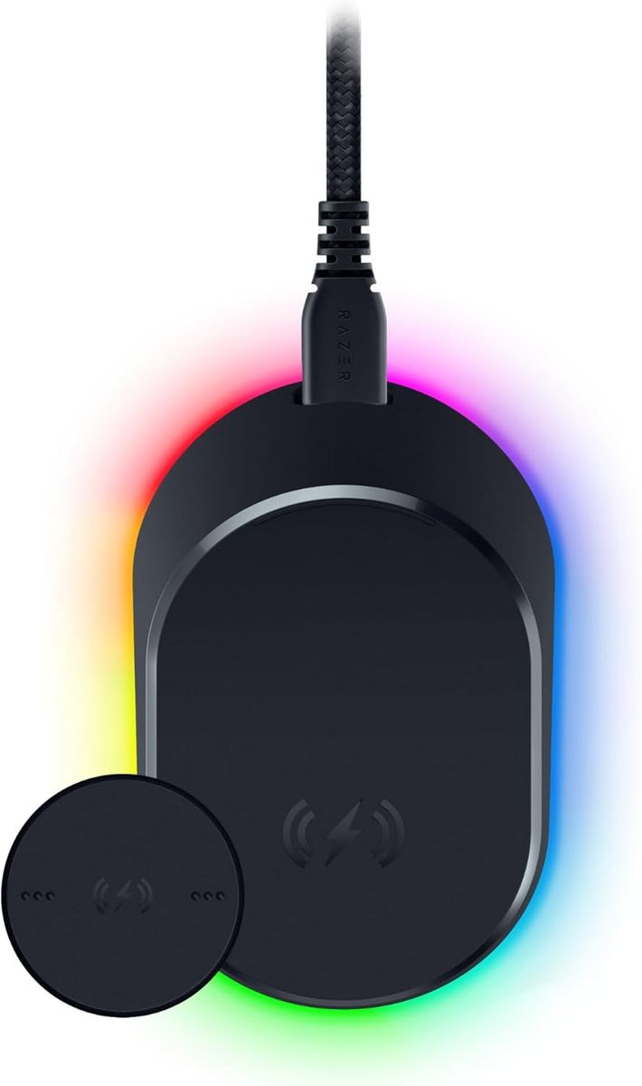 Razer Mouse Dock Pro mit kabellosem Ladepuck: magnetisches kabelloses Laden - Integrierter HyperPolling 4K Hz Transceiver - Anti-Rutsch-Basis - Chroma RGB Beleuchtung - Schwarz