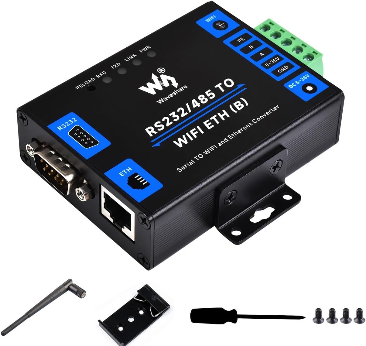 Waveshare RS232/485 Serieller Konverter zu WiFi & RJ45 Ethernet, RS232/RS485 serieller Server, Modbus-Gateway, MQTT-Gateway, industrietauglich