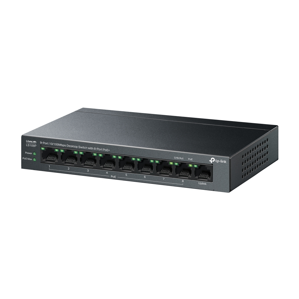TP-Link LiteWave LS109P 9-Port Unmanaged Fast Ethernet Switch, 8x PoE+ (30W), DC-Netzteil, EU Stecker, Schwarz
