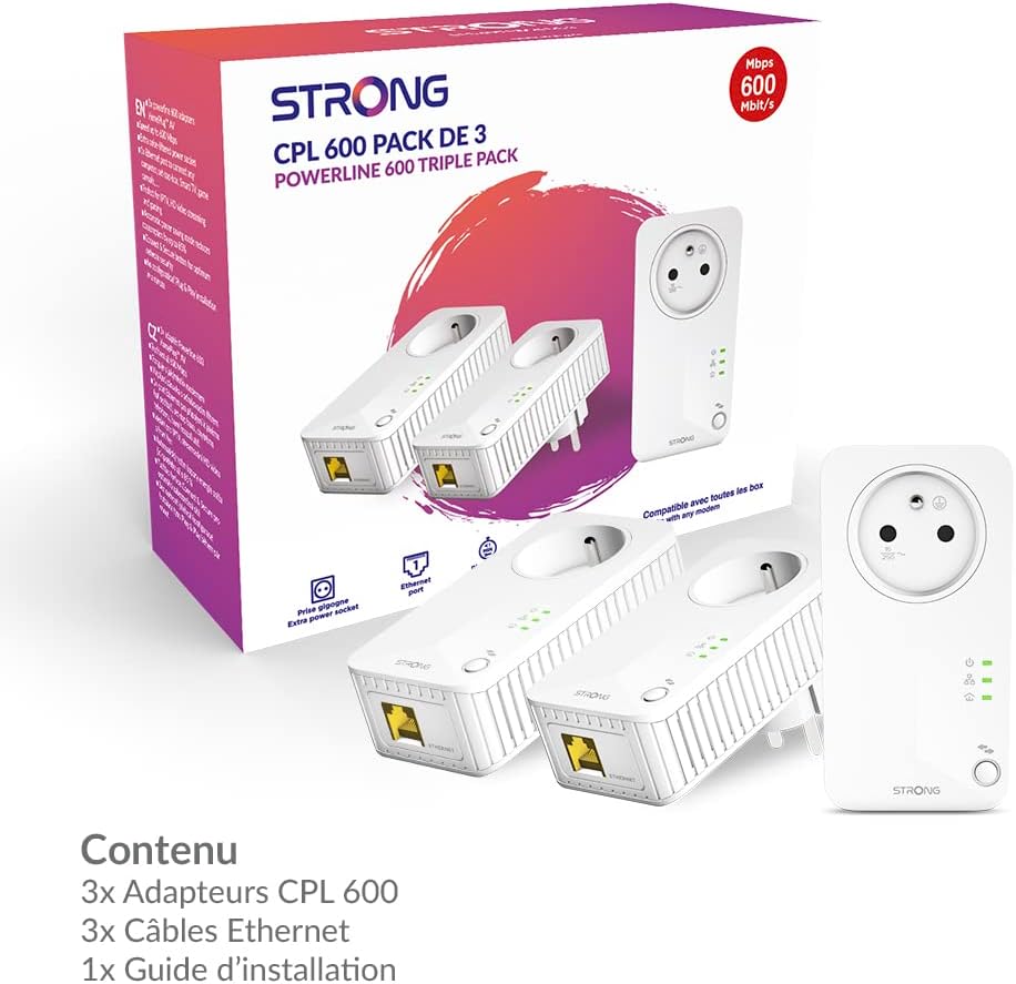 STRONG - Powerline 600 Kit – Trio Steckdosen CPL – Set CPL – 600 Mbps – kompatibel mit jeder Box/Router – 1 Ethernet-Port + Filterbuchse – schnelle Installation – Highspeed-Internetzugang überall