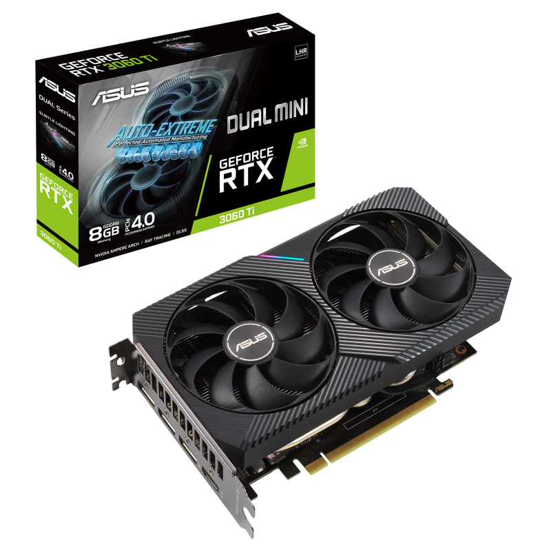 ASUS Dual GeForce RTX 3060 Ti V2 MINI Grafikkarte, 8 GB GDDR6, PCIe 4.0, HDMI 2.1, 3x DisplayPort 1.4a, 4864 CUDA, 200 mm