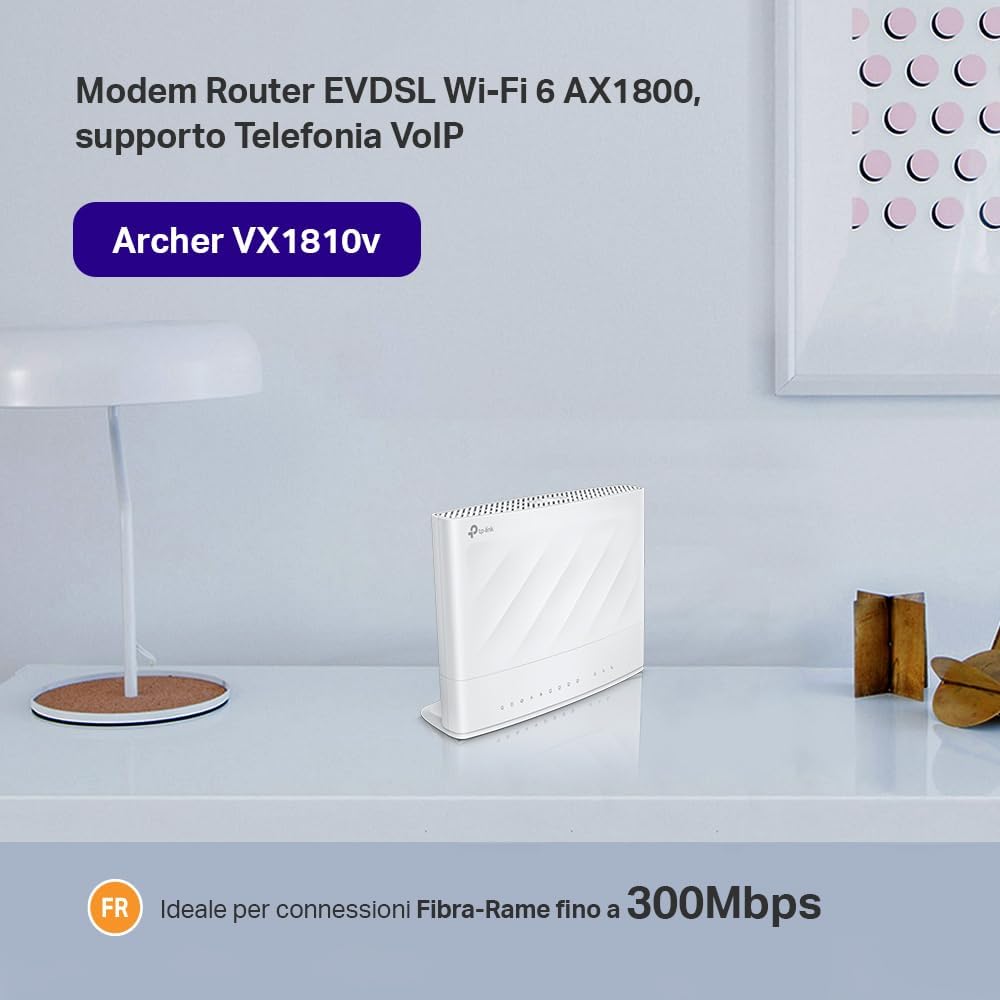 TP-Link Archer VX1810v Modem Router VDSL/ADSL, AX1800Mbps Dual Band WiFi 6, Profilo VDSL2 35b, VoIP, 4 Porte Gigabit, Porta DSL, FXS, Compatibile con VDSL2/ADSL2+/ADSL2/ADSL, Porta USB AX1800 Wi-Fi 6