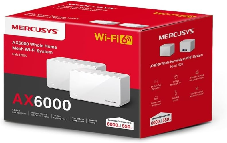 Mercusys Halo H90X (2-Pack) WiFi 6 Mesh Router AX6000Mbps, 2,5 Gigabit Port, Kindersicherung, Repeater und Zugriffspunkt, Verbinden Sie bis zu 150 Geräte, 2 Stück mit Abdeckung bis bis 550 ㎡