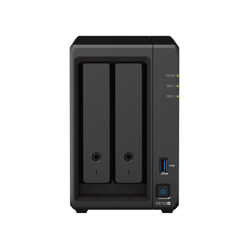 Synology DS723+ 2-Bay NAS Tower, Ryzen R1600, 2 GB DDR4, DiskStation Manager DSM 7.1.1, 10GbE-ready, 2x NVMe, Schwarz