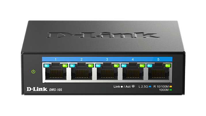 D-Link DMS-105/E 5-Port 2,5G Multi-Gigabit Desktop Switch, Unmanaged L2, Metallgehäuse, lüfterlos, DC 12V Netzteil, QoS, IGMP-Snooping