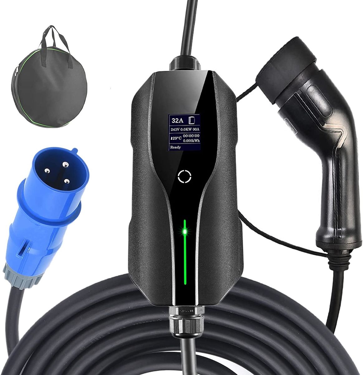 TTLIFE Tragbares Typ 2 EV Ladegerät für CEE Stecker,Ladegerät für Elektrofahrzeug-Ladekabel,10A/16A/20A/24A/32A Schaltbare mit Digitalanzeige,7,2KW, IEC 62196-2, 5 Meter Mit Aufbewahrungstasche