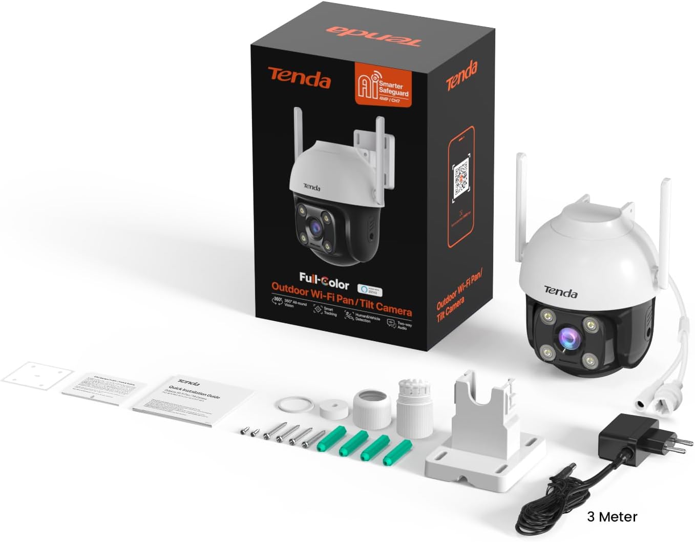 Tenda Überwachungskamera Aussen WLAN 2K+, Fahrzeug-/Personen-/Bewegungserkennung, WLAN Kamera Outdoor 4MP mit Nachtsicht in Farbe, 2-Wege Audio, Ton- und Lichtalarm, APP/Web-Steuerung, CH7 CH7| 2K+
