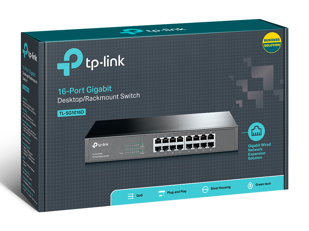 TP-Link TL-SG1016D(UN) V6.0 16-Port-Gigabit-Switch, Unmanaged, Rackmontierbar, AC-Netzteil, 16x RJ45 10/100/1000, Energieeffizient, Schwarz