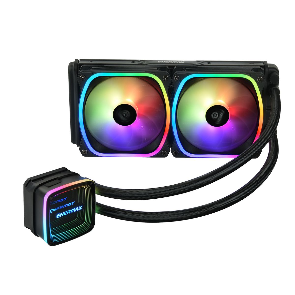 Enermax ELC-AQFA240-SQA AIO Flüssigkeitskühlung 240 mm, 2x 120 mm Lüfter, RGB, PWM, 360 W TDP, Schwarz, kompatibel mit LGA1700/AM5