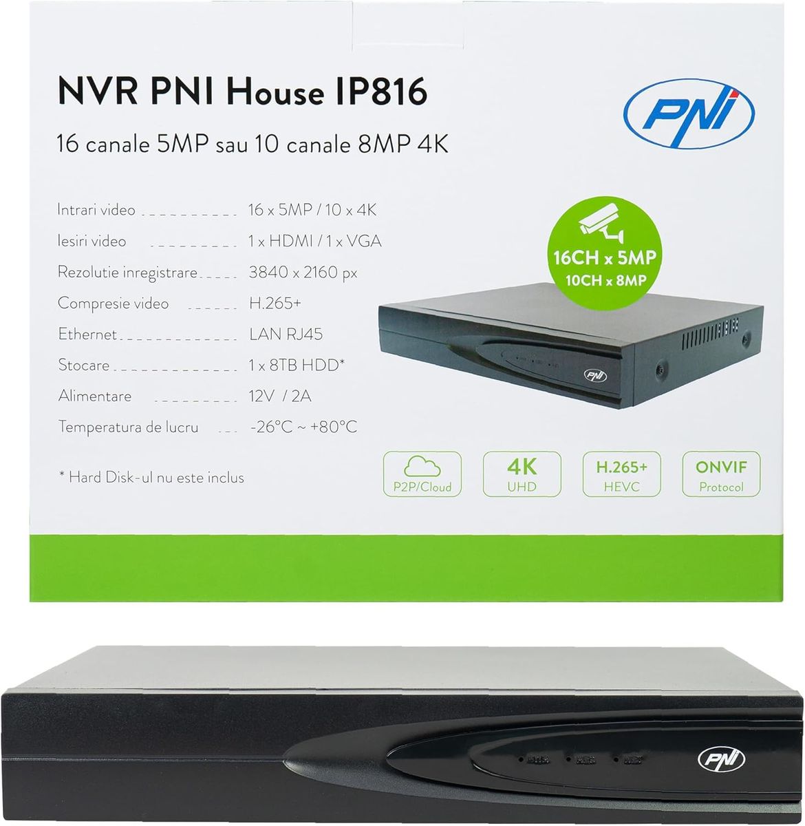 PNI PNI-IP816 NVR 16-Kanal Netzwerkrekorder, 4K (8MP/5MP), H.265, HDMI & VGA-Ausgang, USB-Backup, 8 TB, 12V 15W, EU