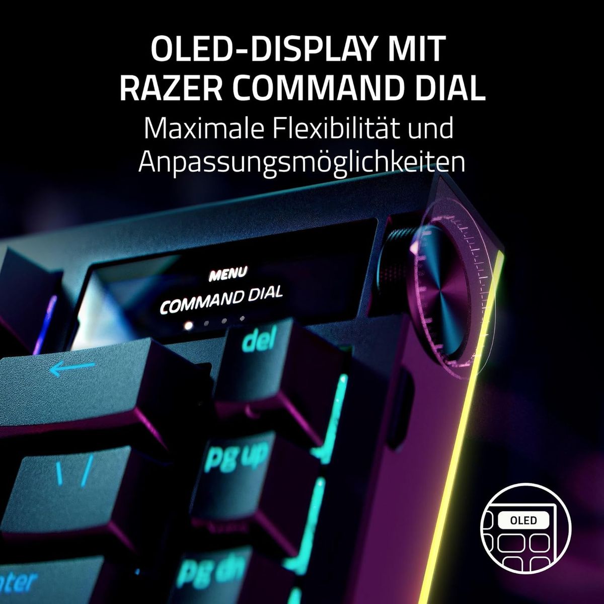 Razer BlackWidow V4 Pro 75% - Kabellose Hotswap-Gaming-Tastatur - OLED-Display (Command Dial, Konnektivitu00e4t 4K Hz & Bluetooth, Razer Snap Tap, magnetische Handballenauflage) Schwarz - (USA Layout - QWERTY)