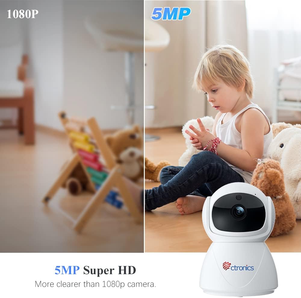 ctronics 5MP PTZ Überwachungskamera Innen WLAN, 2,4GHz/5GHz Dualband WiFi IP Kamera Indoor mit 355°/90° Schwenkbar, Bewegungs-/Menschenerkennung, Automatische Verfolgung, IR Nachtsicht, 2-Wege-Audio Weiß