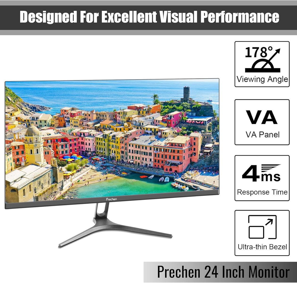 ‎Prechen 24 Zoll Ultra-Thin Bezel Computer Monitor FHD 1080P Business Monitor, LED PC Bildschirm Desktop Monitor, HDMI, VGA, 75Hz Gaming Display, 3000:1, Eye Care, VESA Mountable, Schwarz