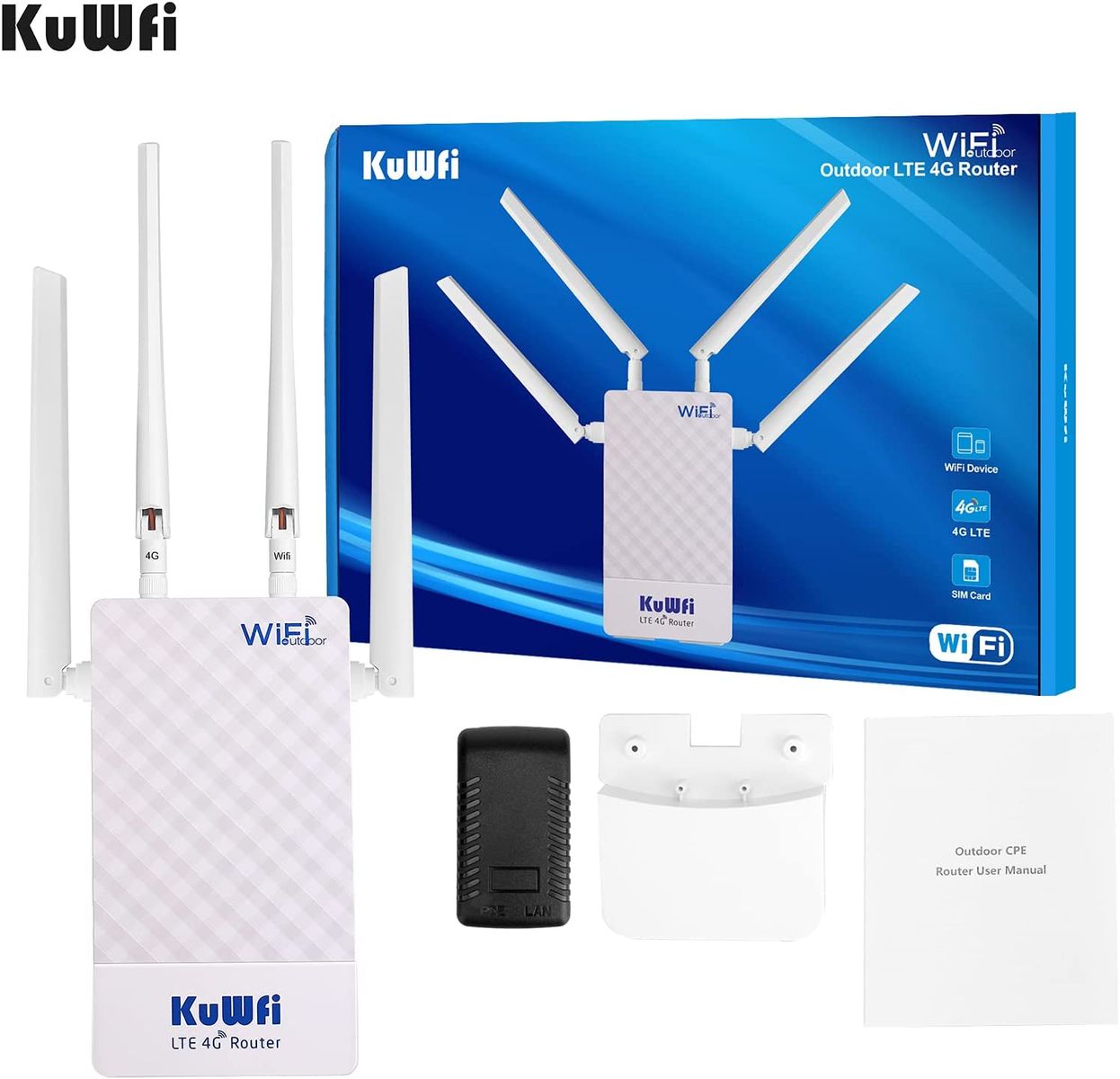 KuWFi 4G Box 4G LTE Waterproof 300Mbps External SIM Card Router SMA Connector 4G Router SIM Card Slot Works with IP Camera Support B1/B3/B5/B7/B8/B20 CPF905-CF5