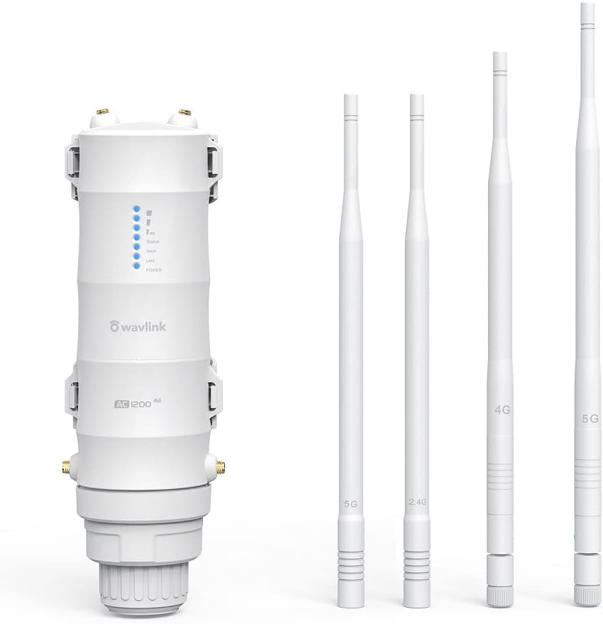 WAVLINK AC1200 mit SIM-Slot Leistungsstarker WiFi-Verstärker/Repeater für den Außenbereich mit PoE/Dual-Band 2.4+5G/4 WiFi-Antenne mit großer Reichweite (2 Gigabit PoE WAN/LAN-Ports)