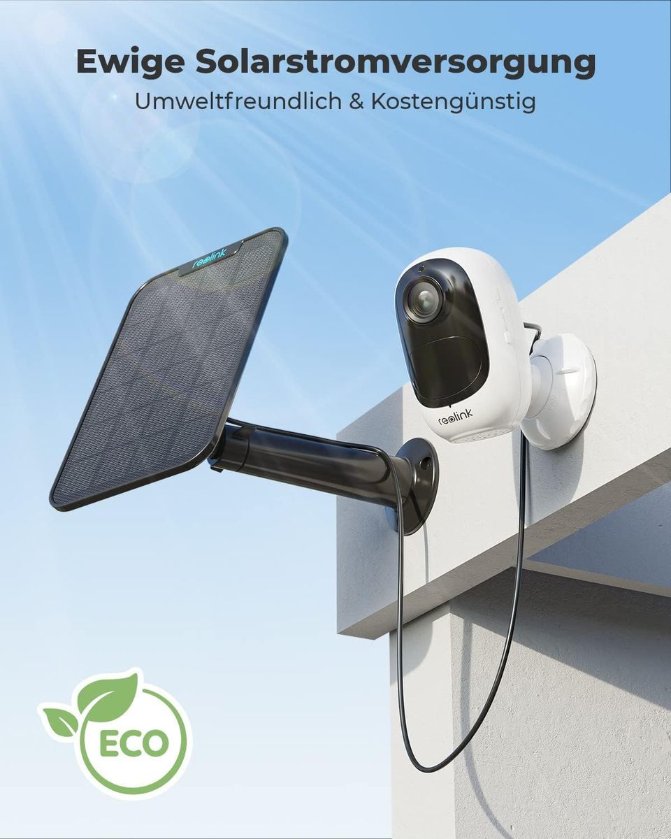 Reolink Solar Überwachungskamera Aussen Akku, Standalone, 2K 3MP HD, Kabellose WLAN Kamera Outdoor mit Person/Fahrzeugerkennung, 2,4GHz WiFi, Alarmfilterung, Keine Monatsgebühr, Argus 2E+Solarpanel