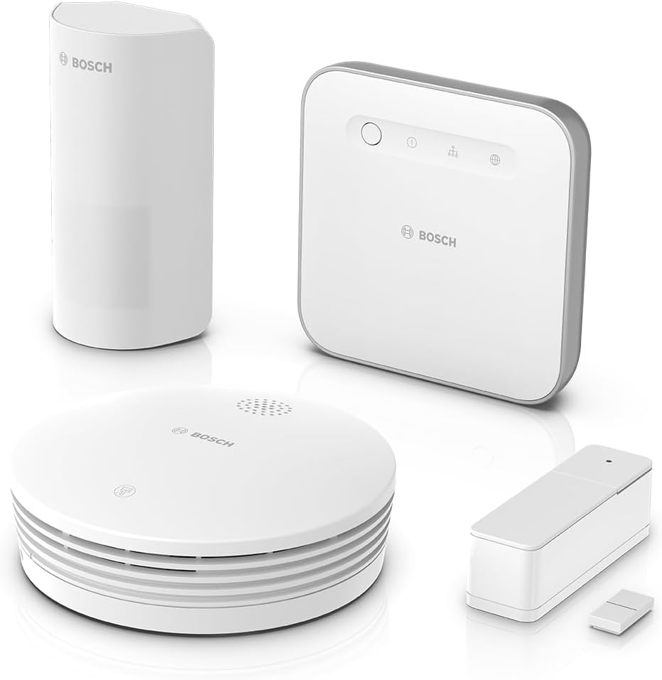 Bosch 8750002656 Smart Home Starter-Paket Sicherheit II, Sicherheits-Set mit Controller, Rauchmelder II, Bewegungssensor, Tür-/Fensterkontakt, Zigbee, Apple HomeKit, Alexa, Google Assistant, EU