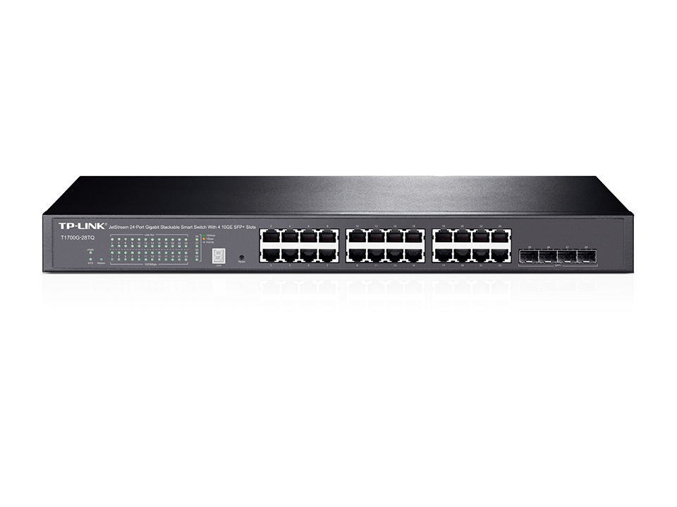 TP-Link T1700G-28TQ Managed L2/L2+ Switch, 24x Gigabit RJ45, 4x SFP+, 10G Uplink, 1U Rack, AC-Netzteil, Schwarz V3.0