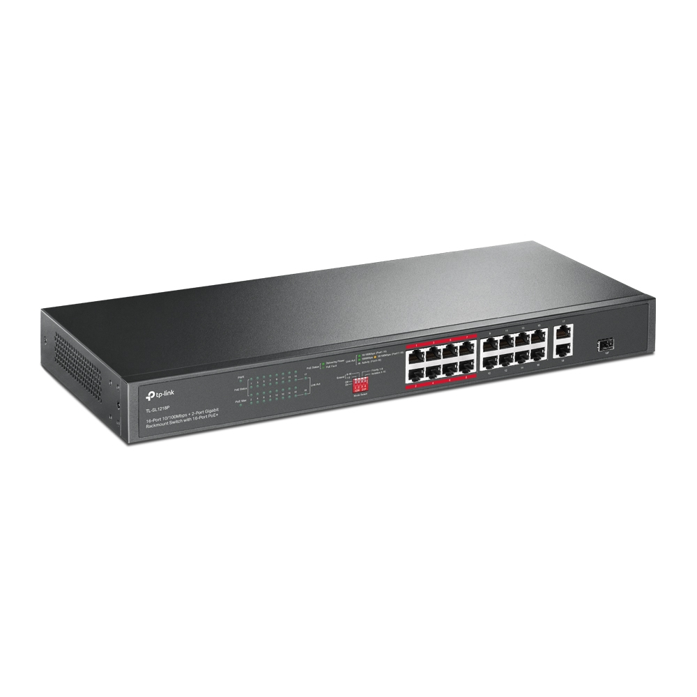 TP-Link TL-SL1218P(UN) V3.0 16-Port PoE+ Switch, 10/100 Mbps + 2x Gigabit, 150 W PoE-Budget, Unmanaged, 1U Rackmount, 16×PoE+ 30 W, EU