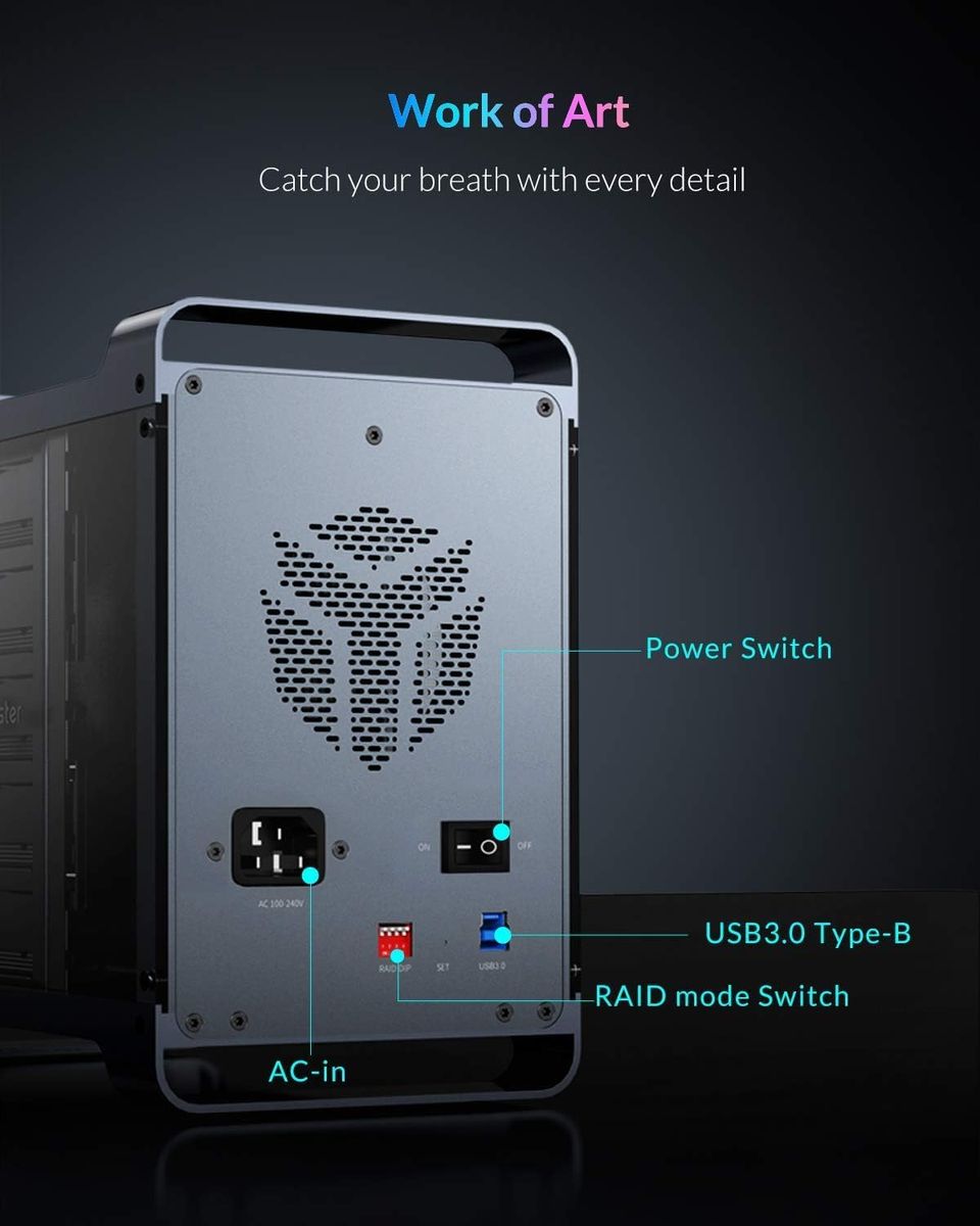 Yottamaster DF4RU3 4-Bay externes HDD-Gehäuse, RAID 0/1/3/5/10/JBOD/PM, USB 3.0, 4x 3,5/2,5 Zoll HDD/SSD, 80 mm leiser RGB-Lüfter, bis 72 TB