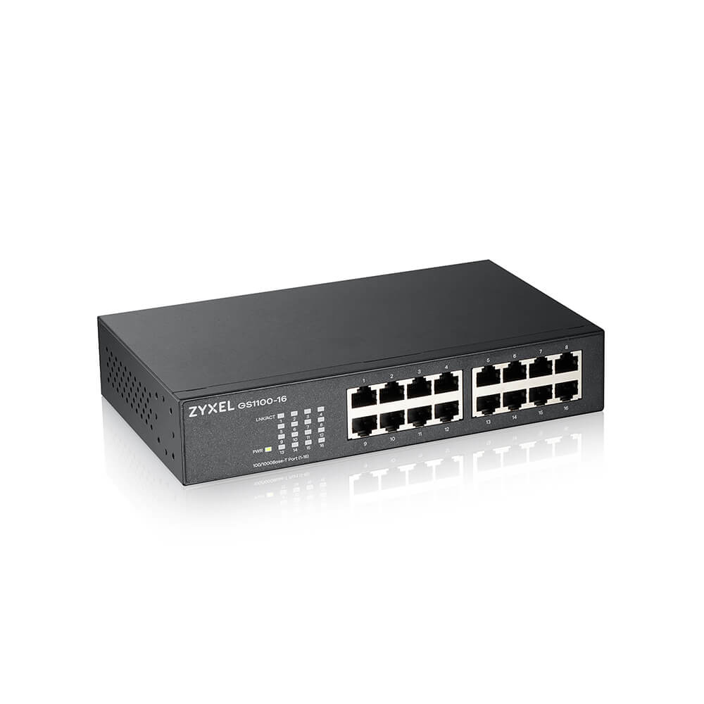 Zyxel GS1100-16 Unmanaged Gigabit Switch, 16x RJ45 10/100/1000, Fanless, Rack-Einbau, 32 Gbit/s, 8000 MAC-Adressen