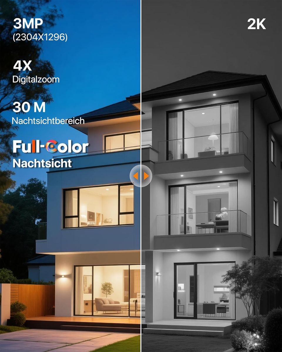 Tenda DE-CH9 Außenkamera Dual-Objektiv 3MP+3MP (6MP) KI-Fahrzeugerkennung Farb-Nachtsicht 2K 30m Zwei-Wege-Audio IP65 Wi‑Fi 6 MicroSD bis 512GB