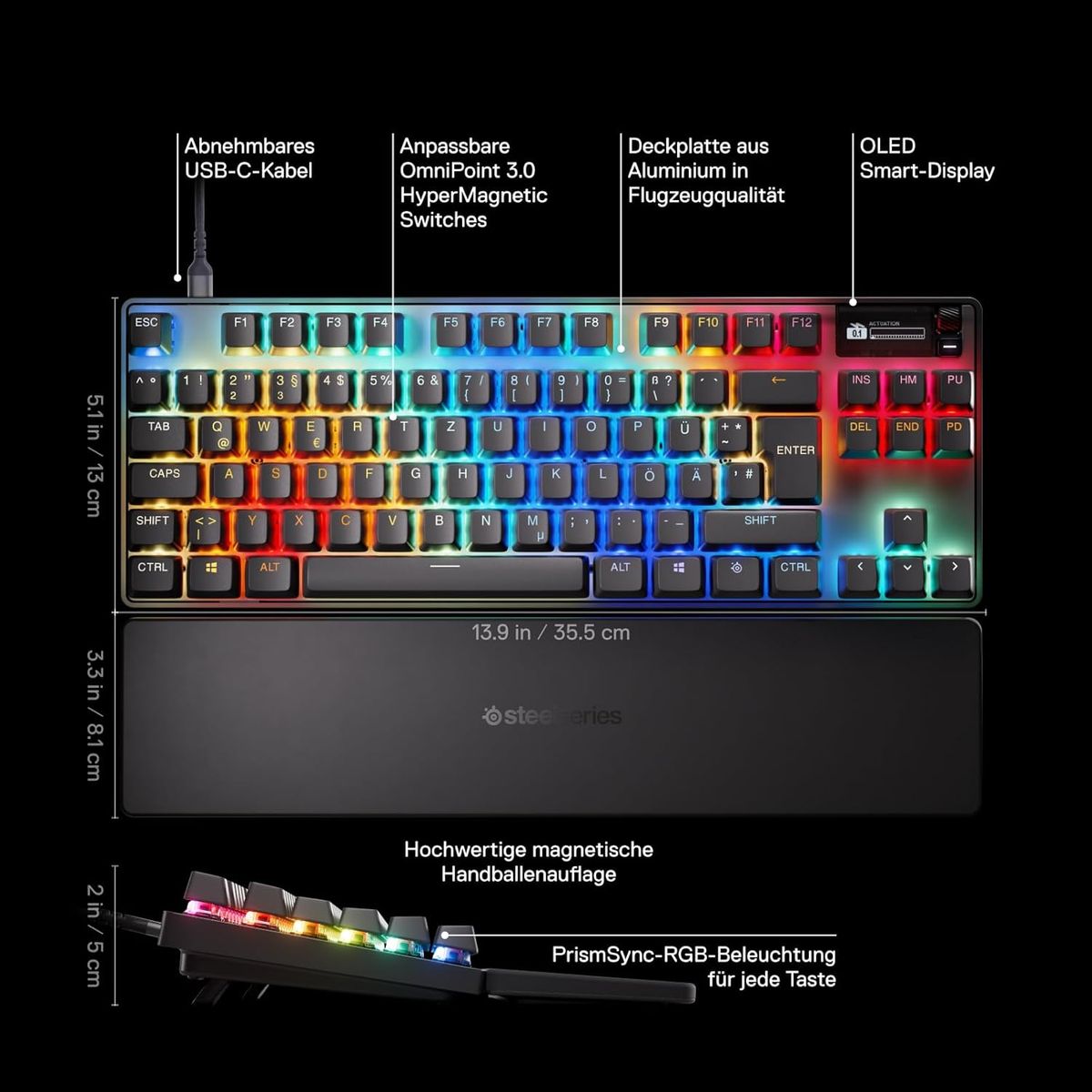 SteelSeries Apex Pro TKL Gen 3 - HyperMagnetic Gaming-Tastatur - OmniPoint 3.0 Switches - Anpassbares Ansprechverhalten - Rapid Trigger - Rapid Tap/SOCD - OLED - PBT-Keycaps - USB-C - (DEU Layout - QWERTZ)