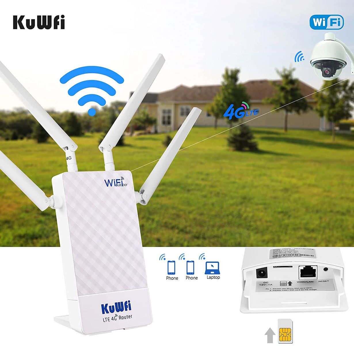 KuWFi 4G Box 4G LTE Waterproof 300Mbps External SIM Card Router SMA Connector 4G Router SIM Card Slot Works with IP Camera Support B1/B3/B5/B7/B8/B20 CPF905-CF5