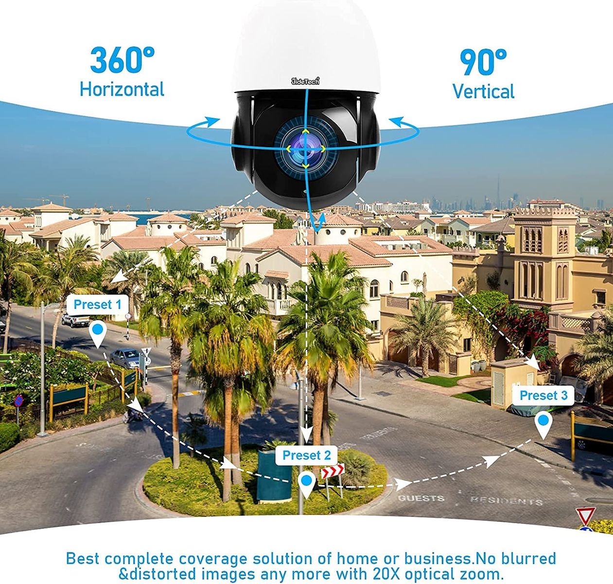 JideTech 5MP PTZ Wi-Fi Überwachungskamera Aussen 360° Dome Auto Tracking IP Kamera,20x optischer Zoom,Eingebautes Zwei Wege Audio,Humanoide Bewegungserkennung 70M IR Nachtsicht Eingebauter SD-Kartenschlitz Single