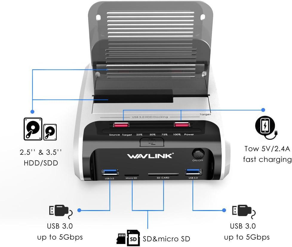 WAVLINK USB 3.0 zu SATA mit Offline Klonfunktion,Dual-Bay externe Festplatten Dockingstation für 2,5" und 3,5" SATA I/II/III HDD/SSD, Unterstützt UASP und 2 x 10 TB Laufwerke, USB 3.0 SD & TF-Leseschlitz