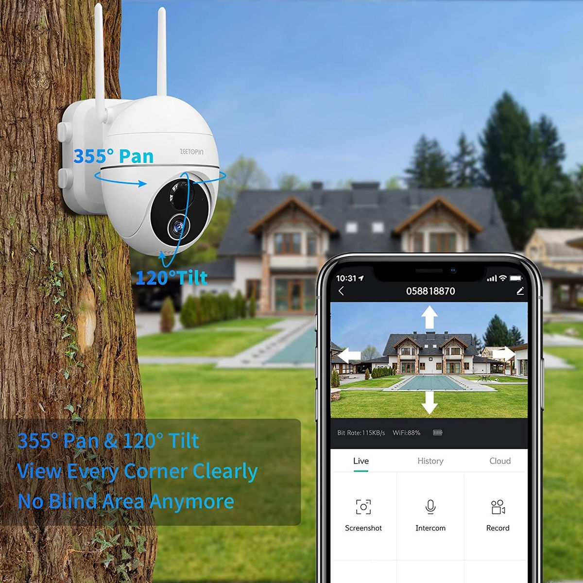 Zeetopin Security Camera Outdoor Battery 15000mAh 355/140 Pivoting with Solar Panel,1080p FHD WLAN IP Camera,Pan Tilt,4DB Wireless Antenna,PIR Motion Detector,2-way Audio,Night Vision,IP66 Waterproof