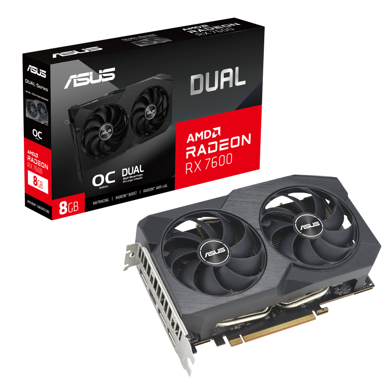 ASUS Dual-RX7600-O8G-V2 Gaming Grafikkarte, AMD Radeon RX 7600, 8 GB GDDR6, PCIe 4.0, HDMI 2.1, 3x DisplayPort 1.4a, 2x Lüfter