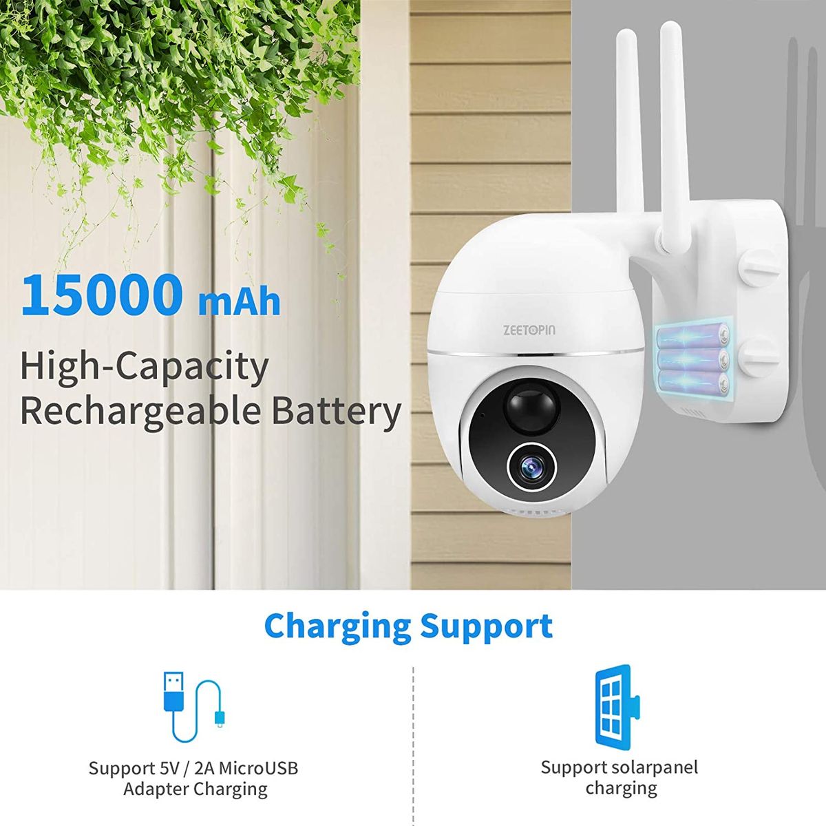 Zeetopin Security Camera Outdoor Battery 15000mAh 355/140 Pivoting with Solar Panel,1080p FHD WLAN IP Camera,Pan Tilt,4DB Wireless Antenna,PIR Motion Detector,2-way Audio,Night Vision,IP66 Waterproof