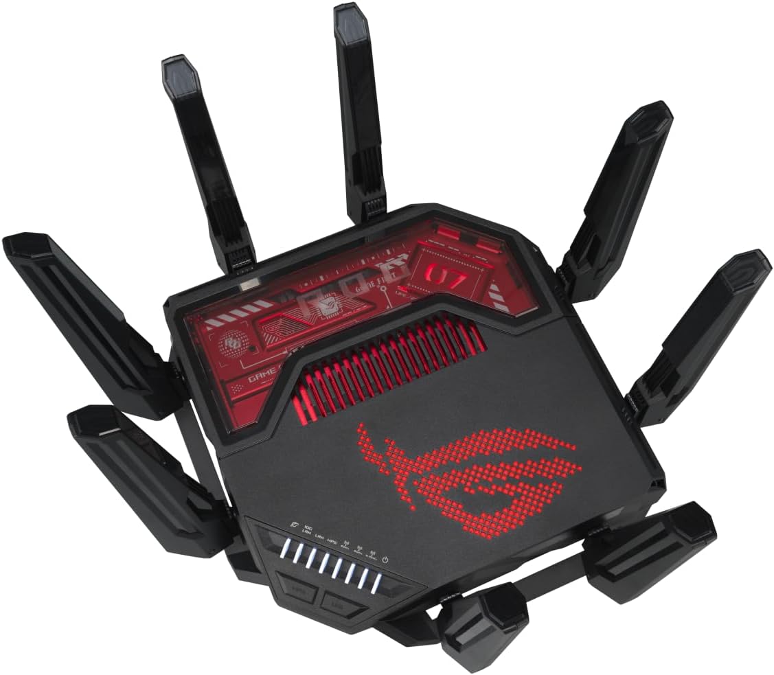 ASUS ROG Rapture GT-BE19000 Wi-Fi 7 Gaming-Router, Tri-Band (2,4/5/6 GHz), 19000 Mbit/s, Multi-Gigabit Ethernet, 7x LAN, USB, Schwarz/Rot