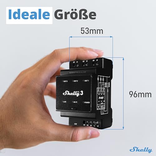 Shelly Pro 3 3-Kanal 3-Phasen DIN-Schienen-Relais, 48 A (16 A/Kanal), WLAN & LAN, iOS & Android App, Alexa & Google Home, Hausautomation, Licht- & Motorsteuerung