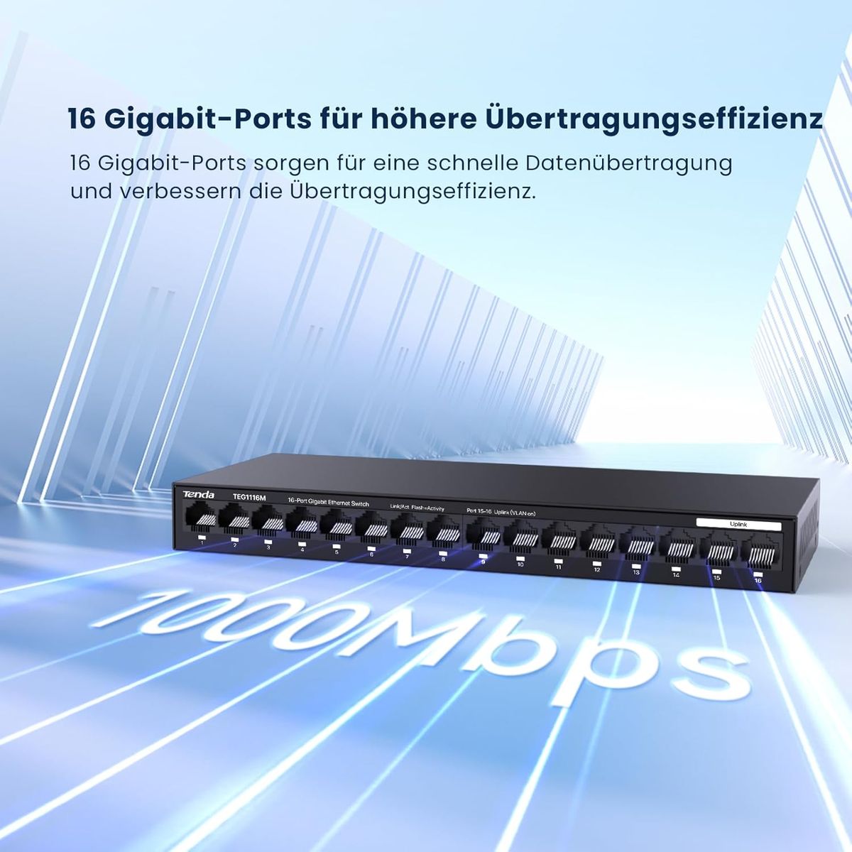 Tenda TEG1116M 16-Port Gigabit Switch, Unmanaged, VLAN, Lüfterlos, Metallgehäuse, Wandmontage, Plug & Play, RJ45, Schwarz