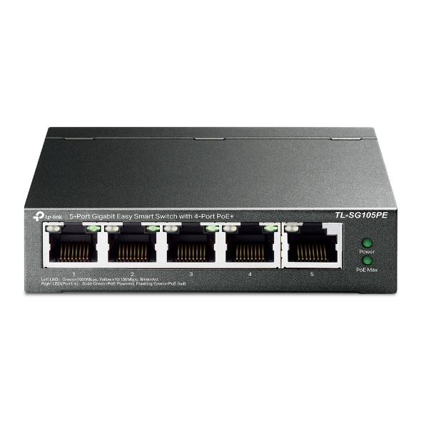 TP-Link TL-SG105PE 5-Port Gigabit Managed LAN PoE Switch mit 4 PoE+ Ports (65 Watt, IEEE-802.3af/at, einfache Konfiguration, IGMP, QoS, VLAN, lüfterlos, robustes Metallgehäuse) Schwarz Managed Switch 5 Port mit 4 PoE+
