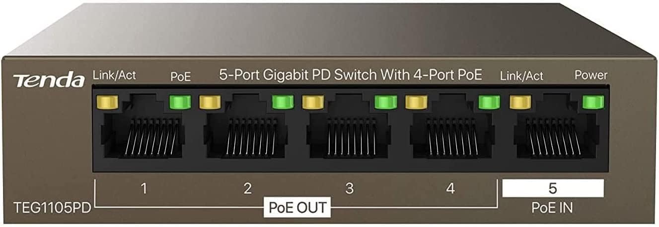 Tenda 5 Port PoE Switch ohne Netzteil, Gigabit PoE Powered Switch (1 PoE In & 4 PoE Out, Plug-and-Play PoE PD Switch, Lüfterlos, Metallgehäuse)(TEG1105PD) PoE Powered Switch ohne Netzteil