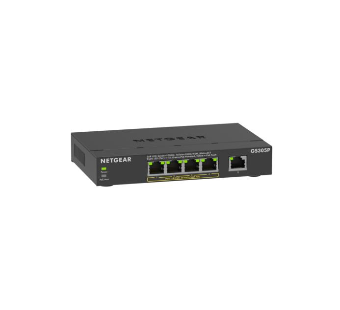 NETGEAR GS305P-300EUS Unmanaged 5-Port Gigabit Ethernet Switch, PoE 63W Gesamt, 30W/Port, Schwarz