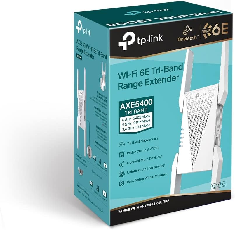 TP-Link RE815XE WiFi 6E Repeater Mesh-Satellit, Tri-Band 2,4/5/6 GHz, Wi‑Fi 6 (802.11ax), Weiß, 4 externe Antennen, 2402 Mbit/s, EU V1.0